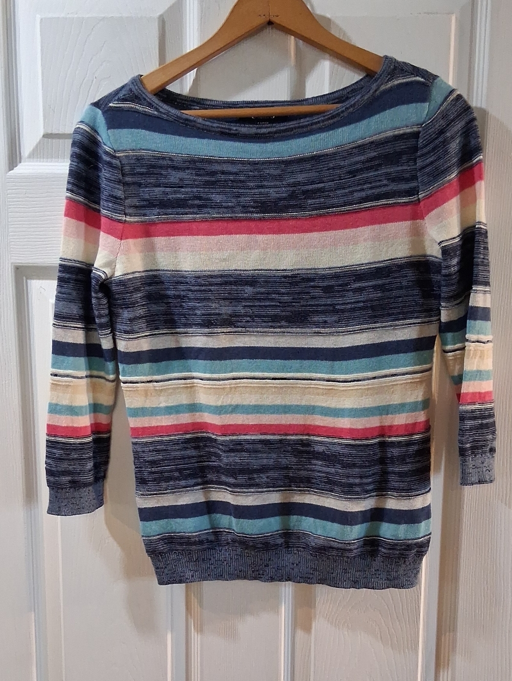 Chaps Striped Crewneck Sweater in Navy, Teal & Pink
